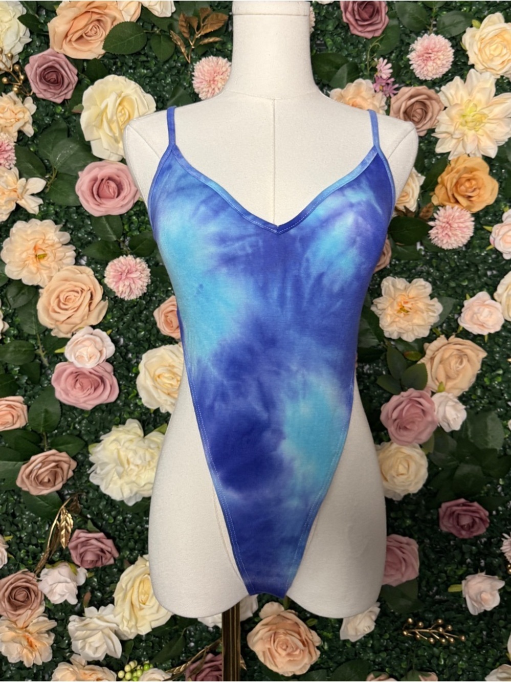 Blue Tie-Dye V-Neck Thong Bodysuit NWT